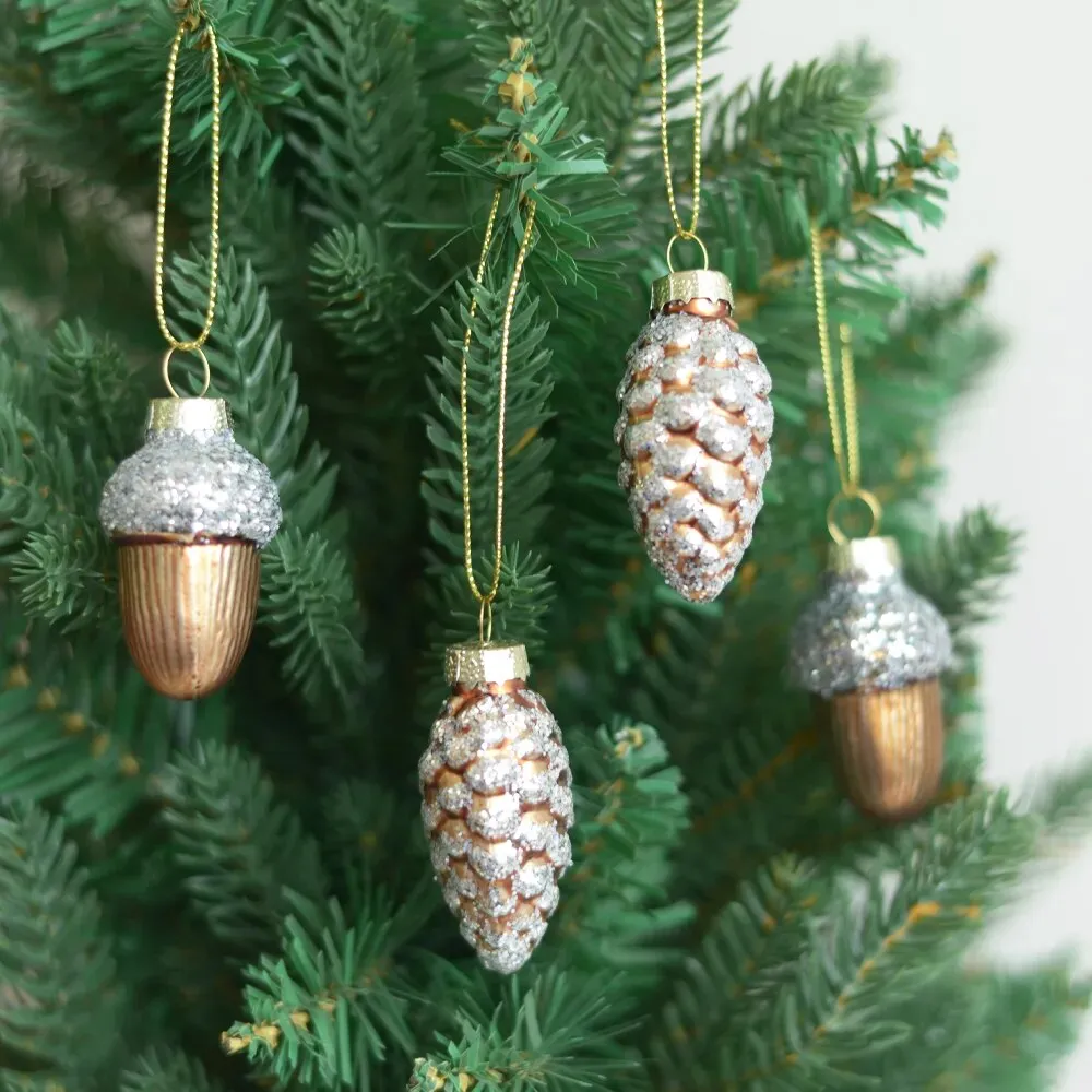 Glass Pine Cones Acorns Christmas Tree Ornaments Set of Four