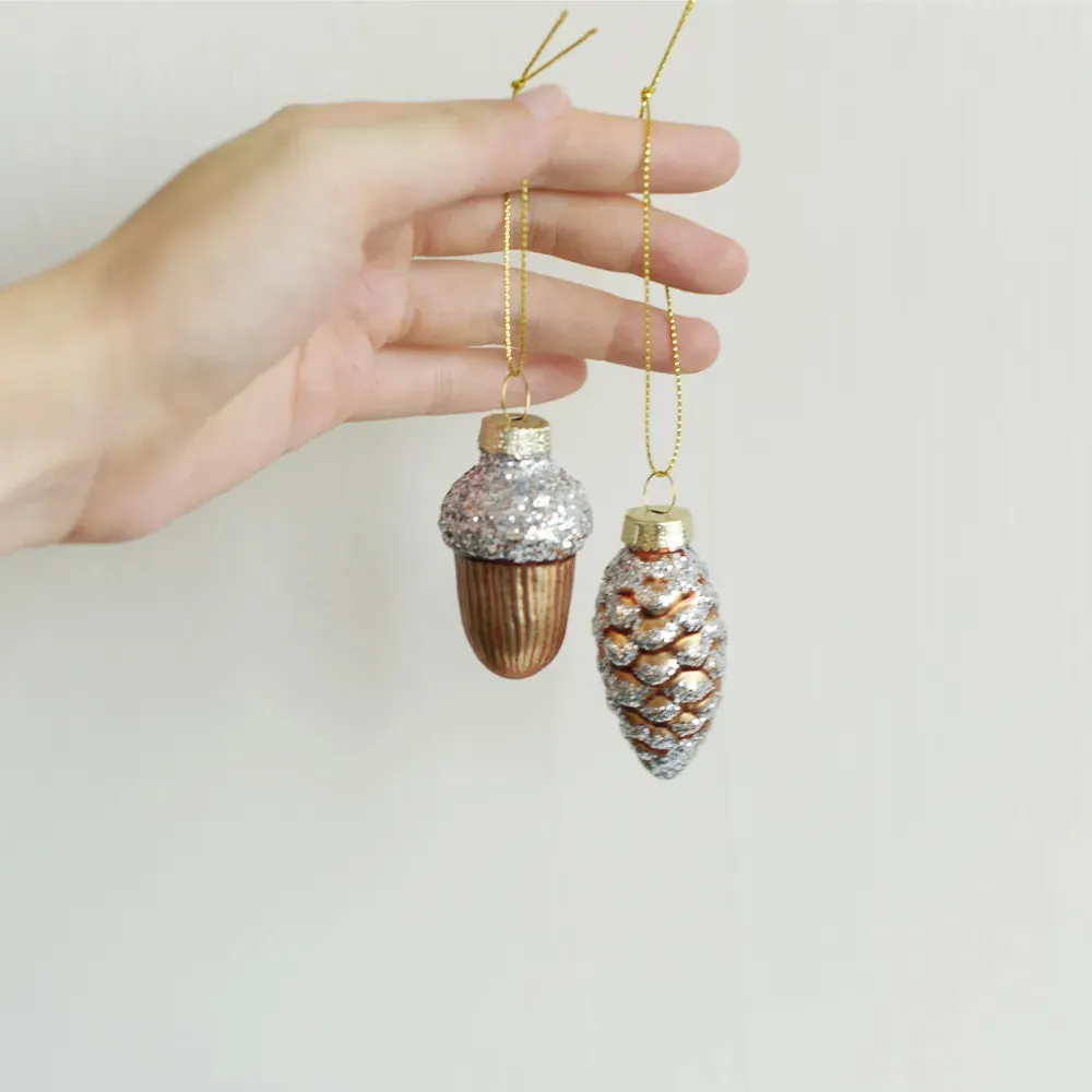 Glass Pine Cones Acorns Christmas Tree Ornaments Set of Four