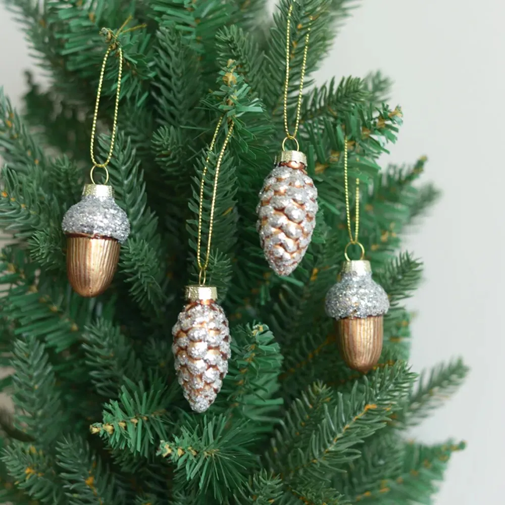 Glass Pine Cones Acorns Christmas Tree Ornaments Set of Four