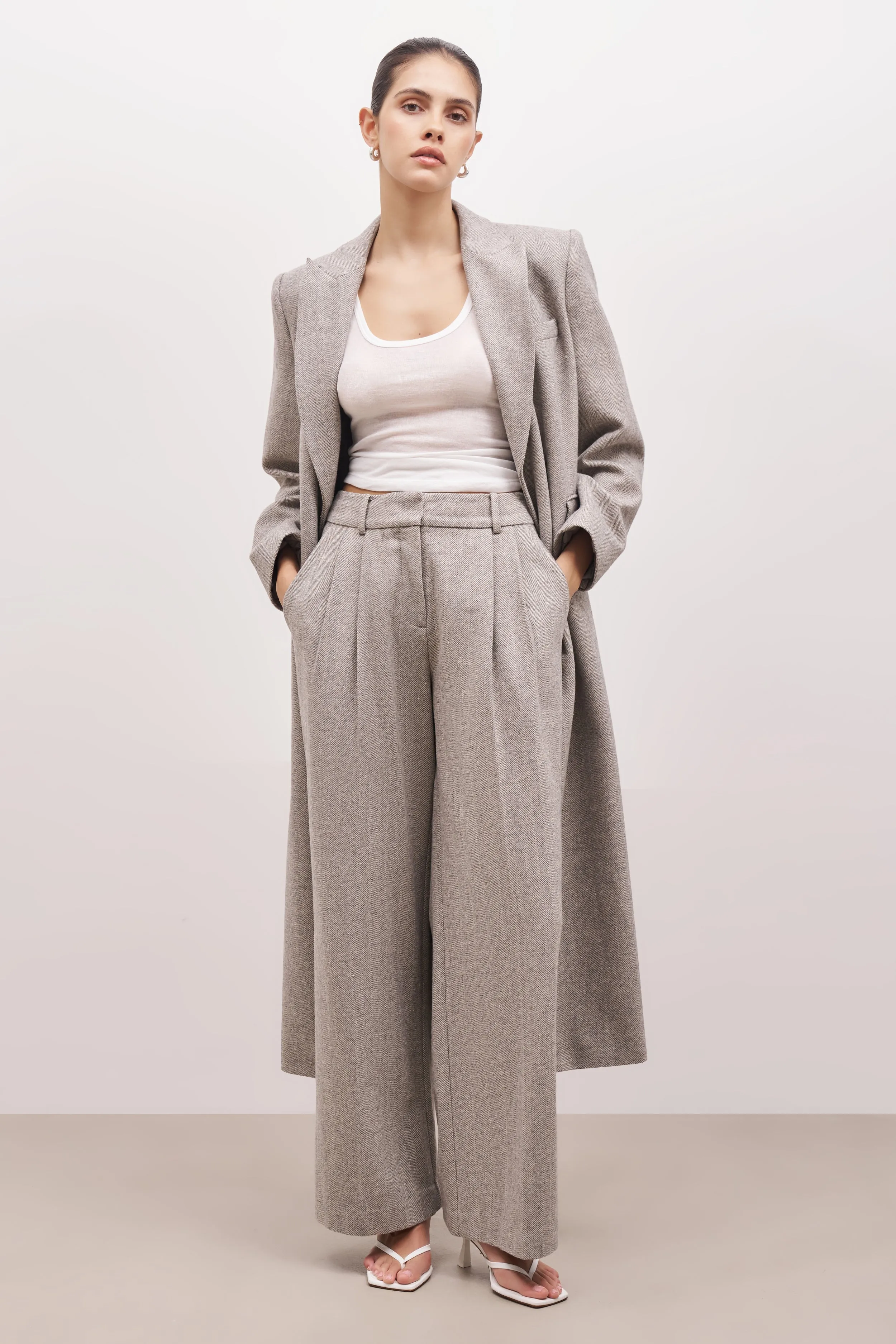 Herringbone Wide Leg Trousers - Herringbone