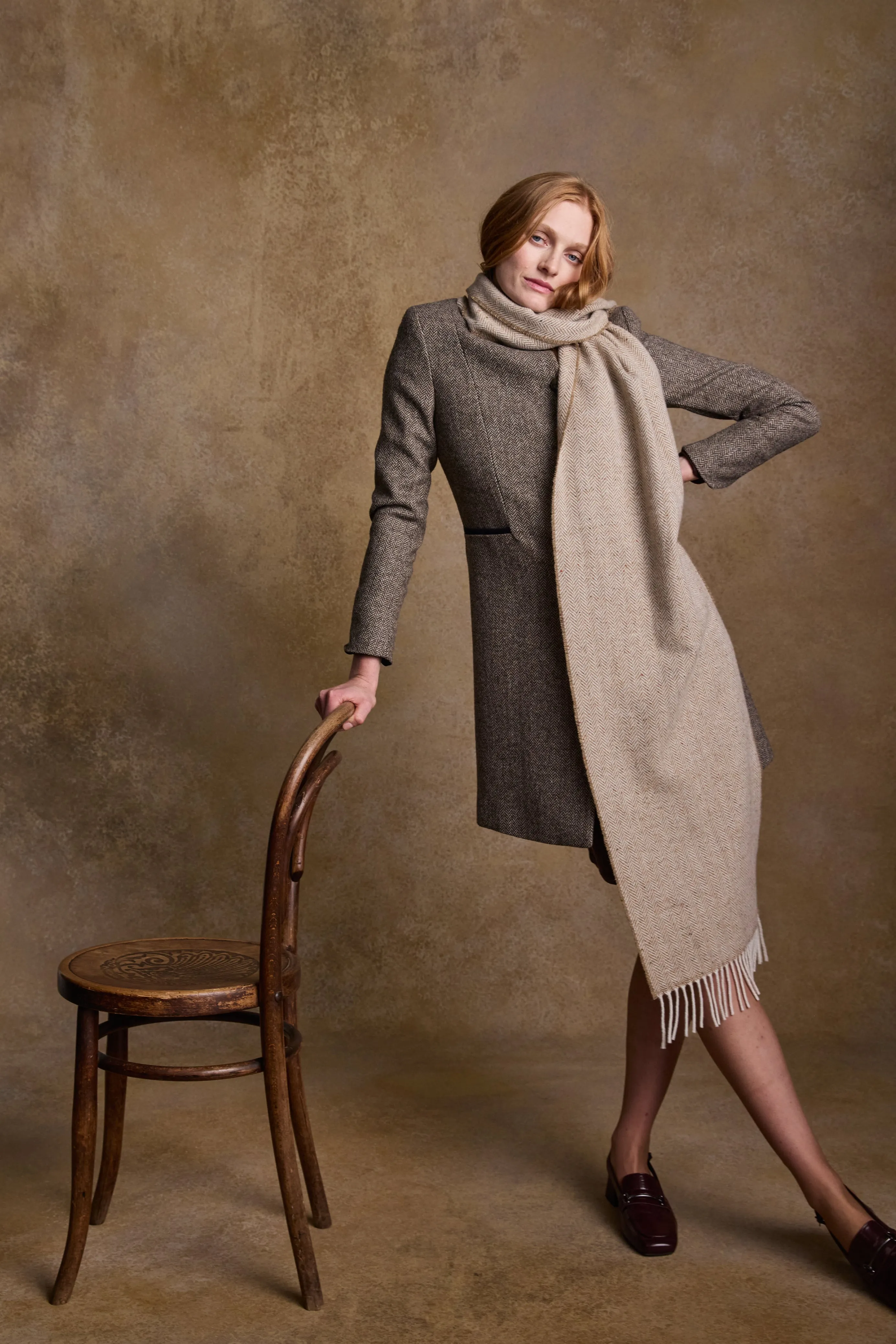 Isabella Tweed Coat - Light Tan Herringbone