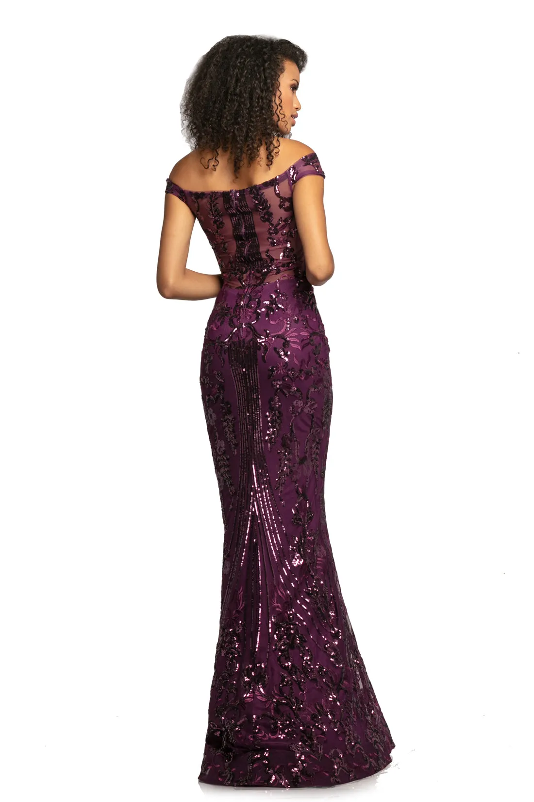 Johnathan Kayne 2064 Size 14 Plum Fitted Sequin Off Shoulder Prom Dress Pageant Gown