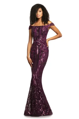 Johnathan Kayne 2064 Size 14 Plum Fitted Sequin Off Shoulder Prom Dress Pageant Gown