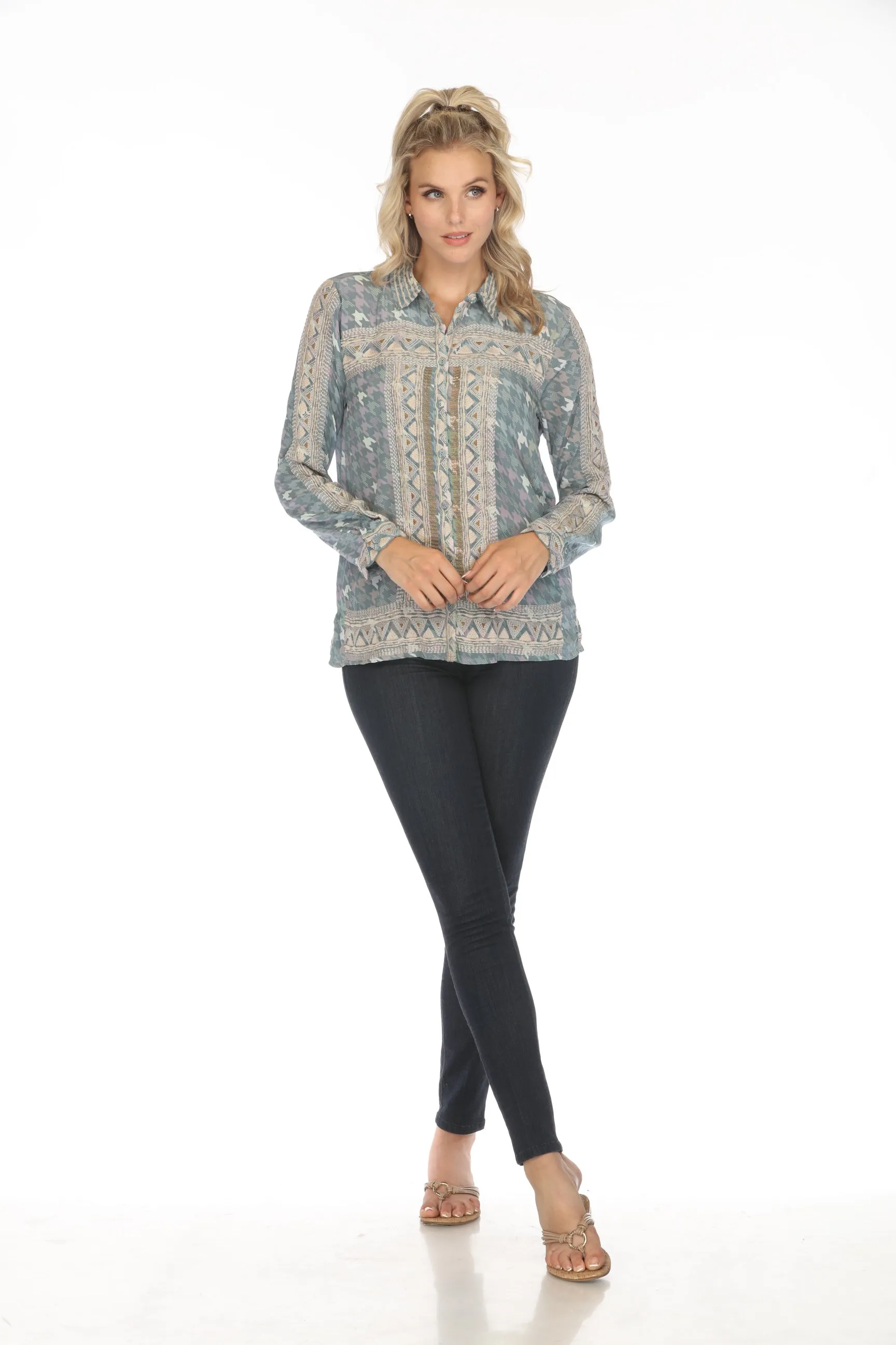 Johnny Was Biya Bixby Button-Down Silk Blouse B11923A8 Boho Chic