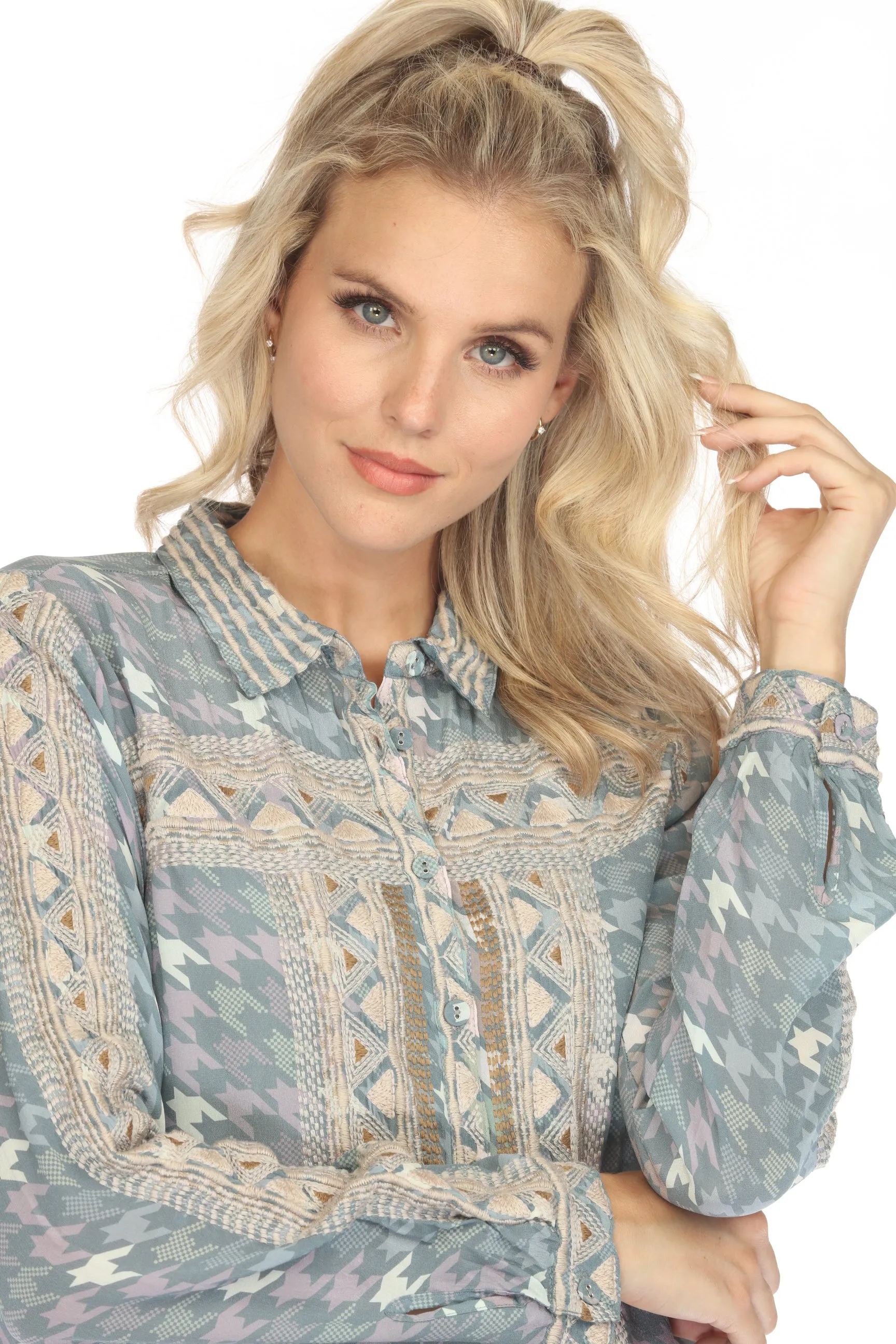 Johnny Was Biya Bixby Button-Down Silk Blouse B11923A8 Boho Chic