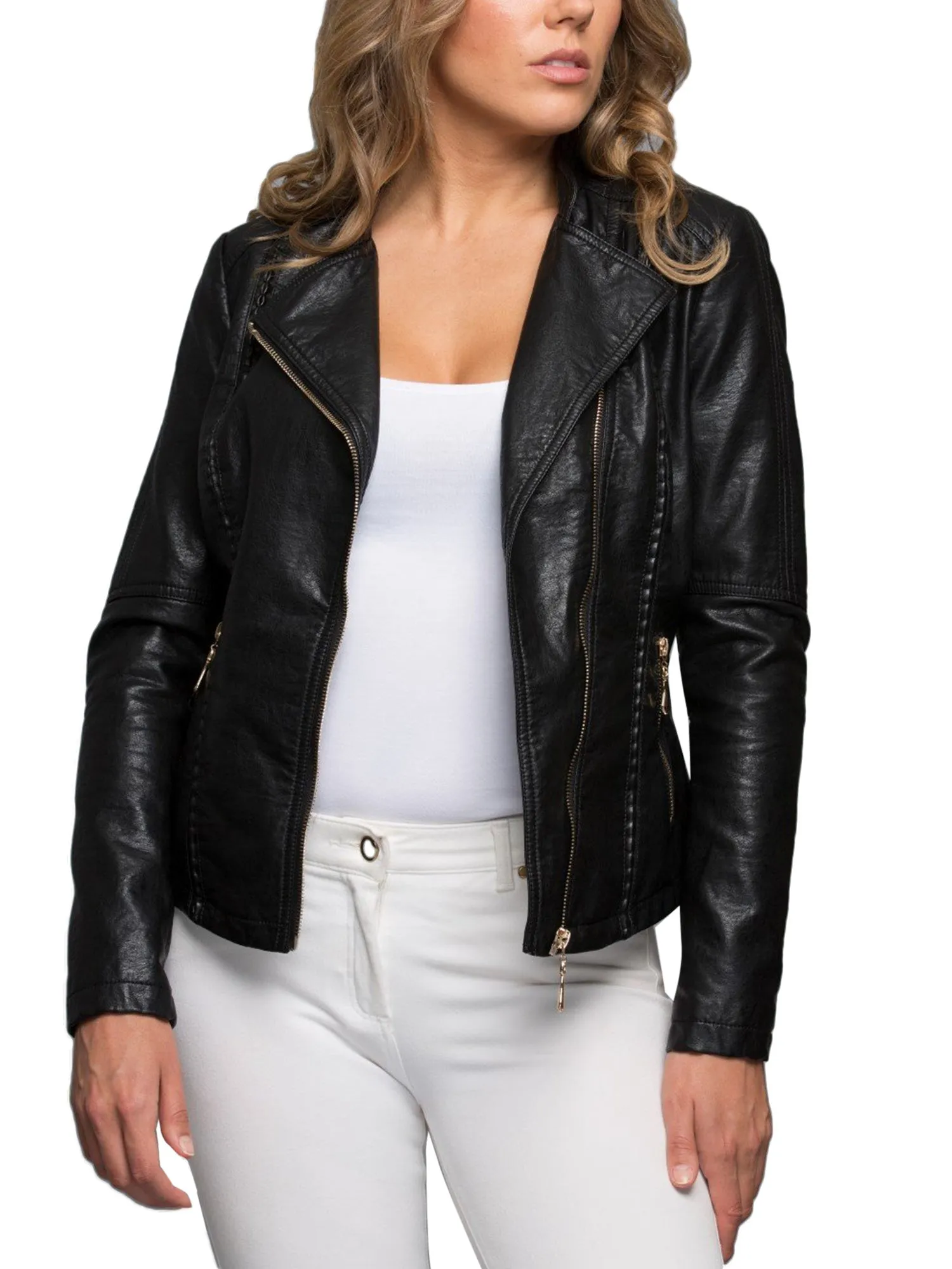 KOGMO Womens Double Breasted MOTO Zip Up PU Faux Leather Jacket