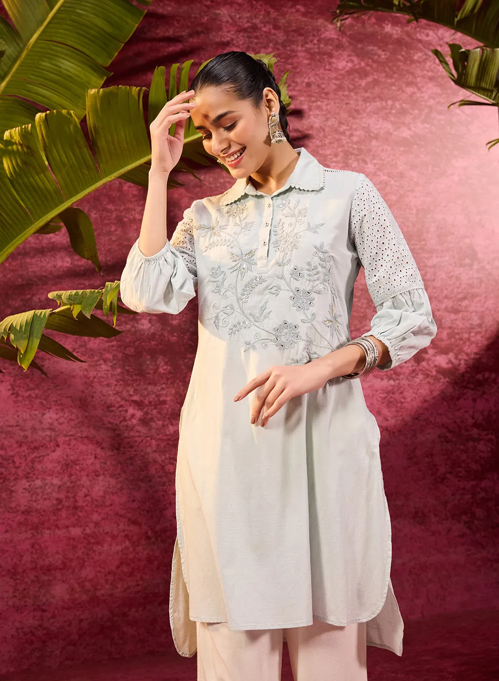 Kyla Basil Powder Blue Embroidered Cotton Linen Tunic for Women