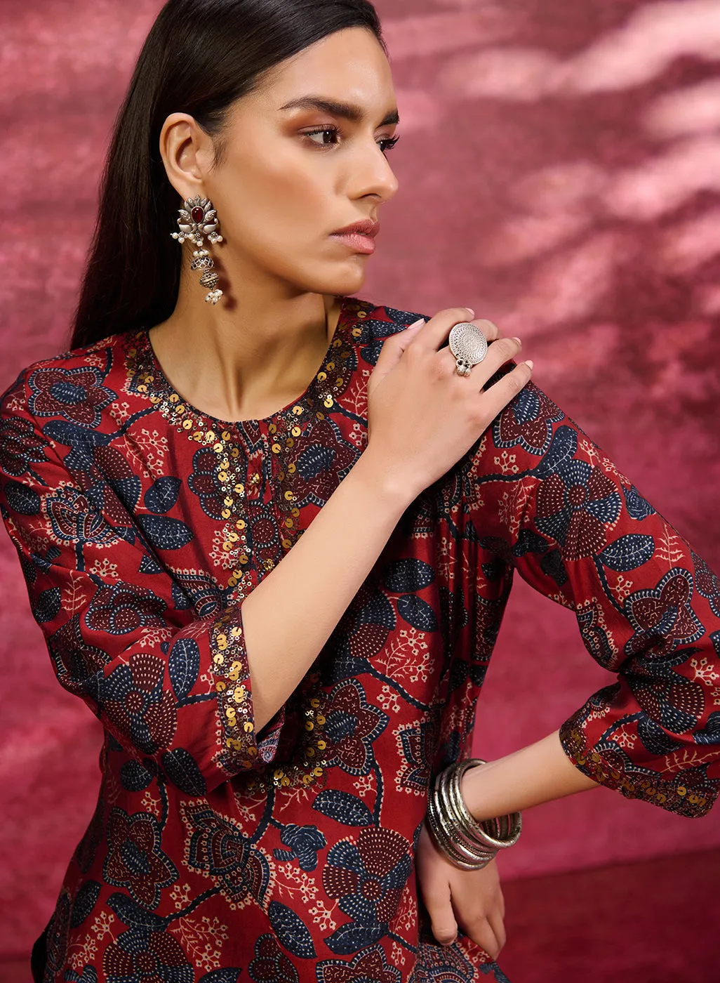 Layla Maroon Printed Chanderi Tunic for Women