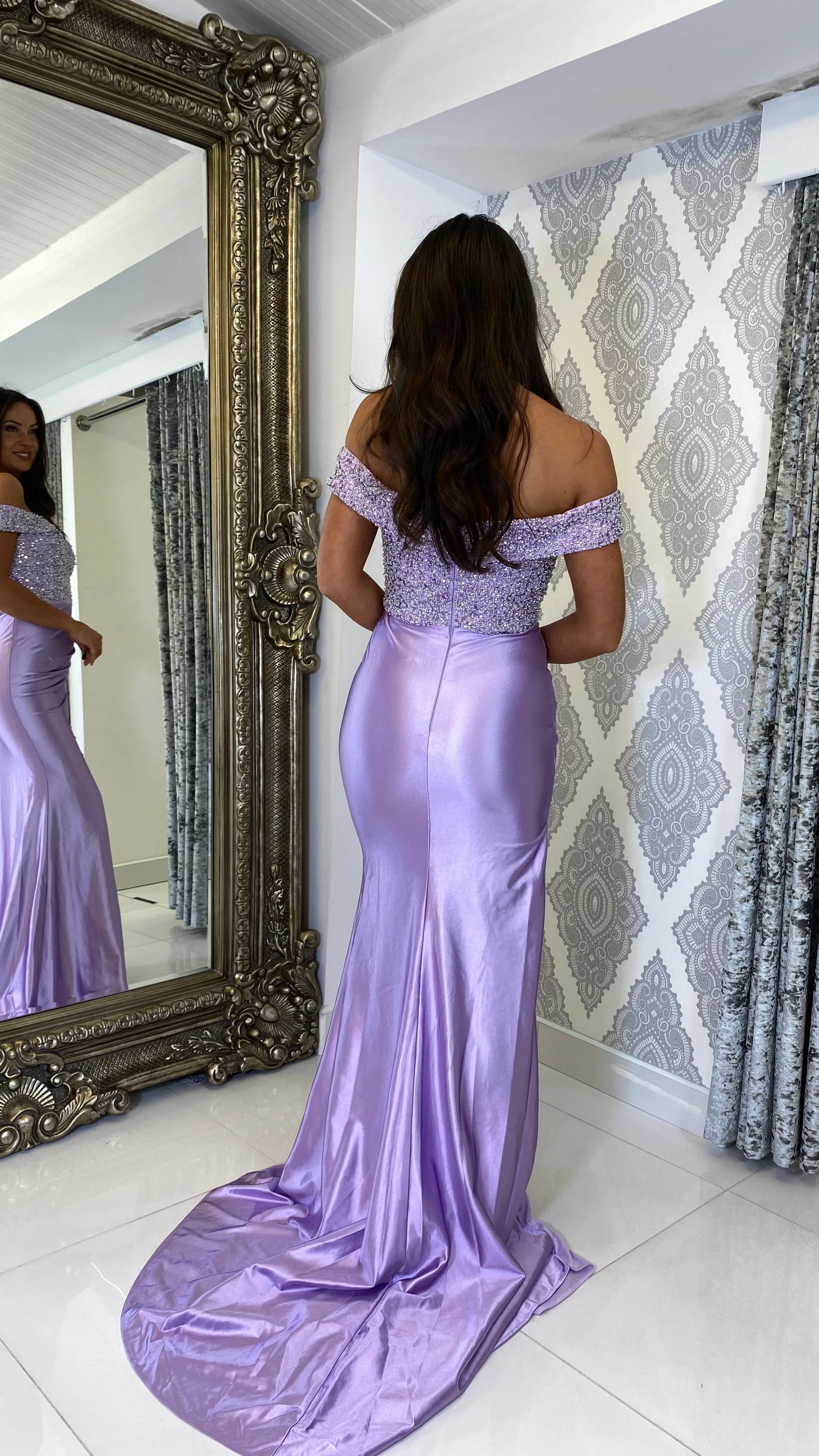 Lilac Sequin Top Bardot Formal Gown