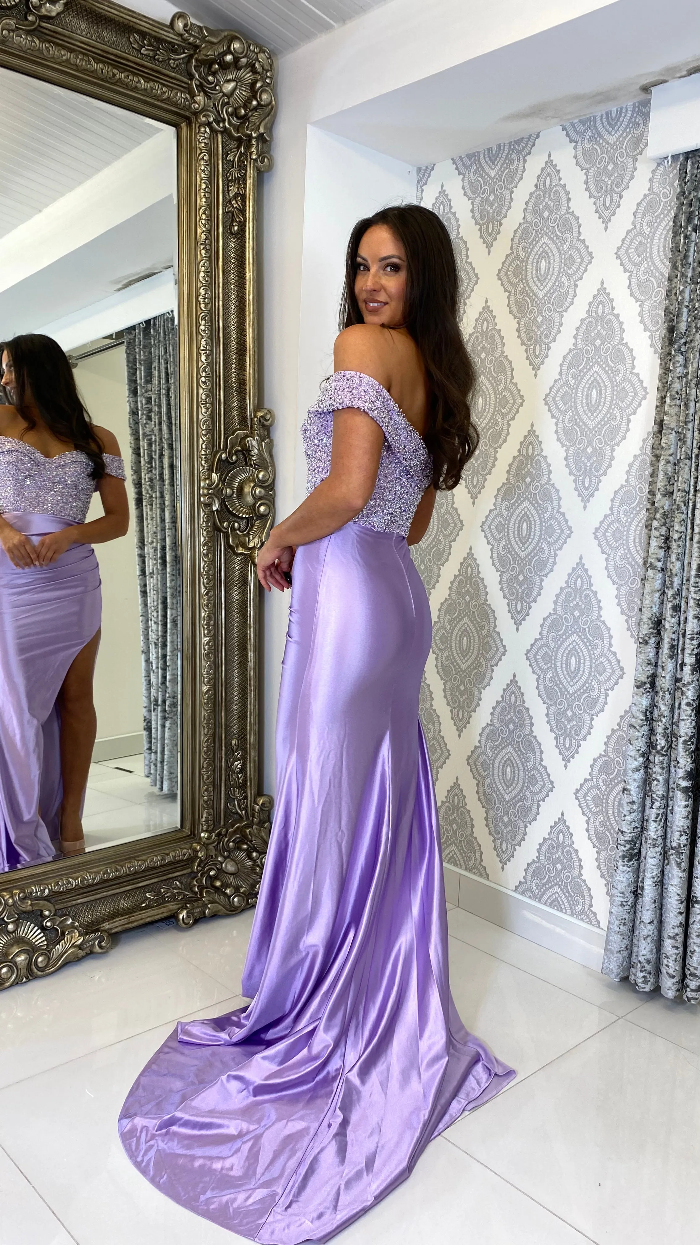 Lilac Sequin Top Bardot Formal Gown