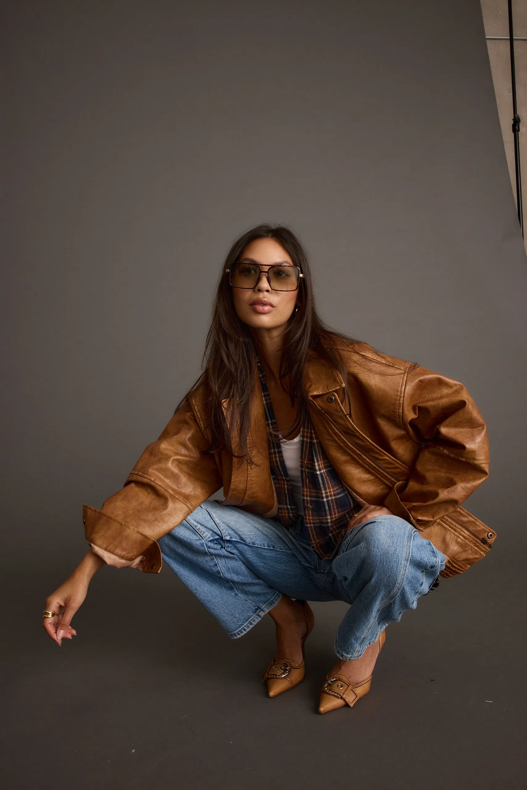 London Calling Cognac Oversized Faux Leather Jacket