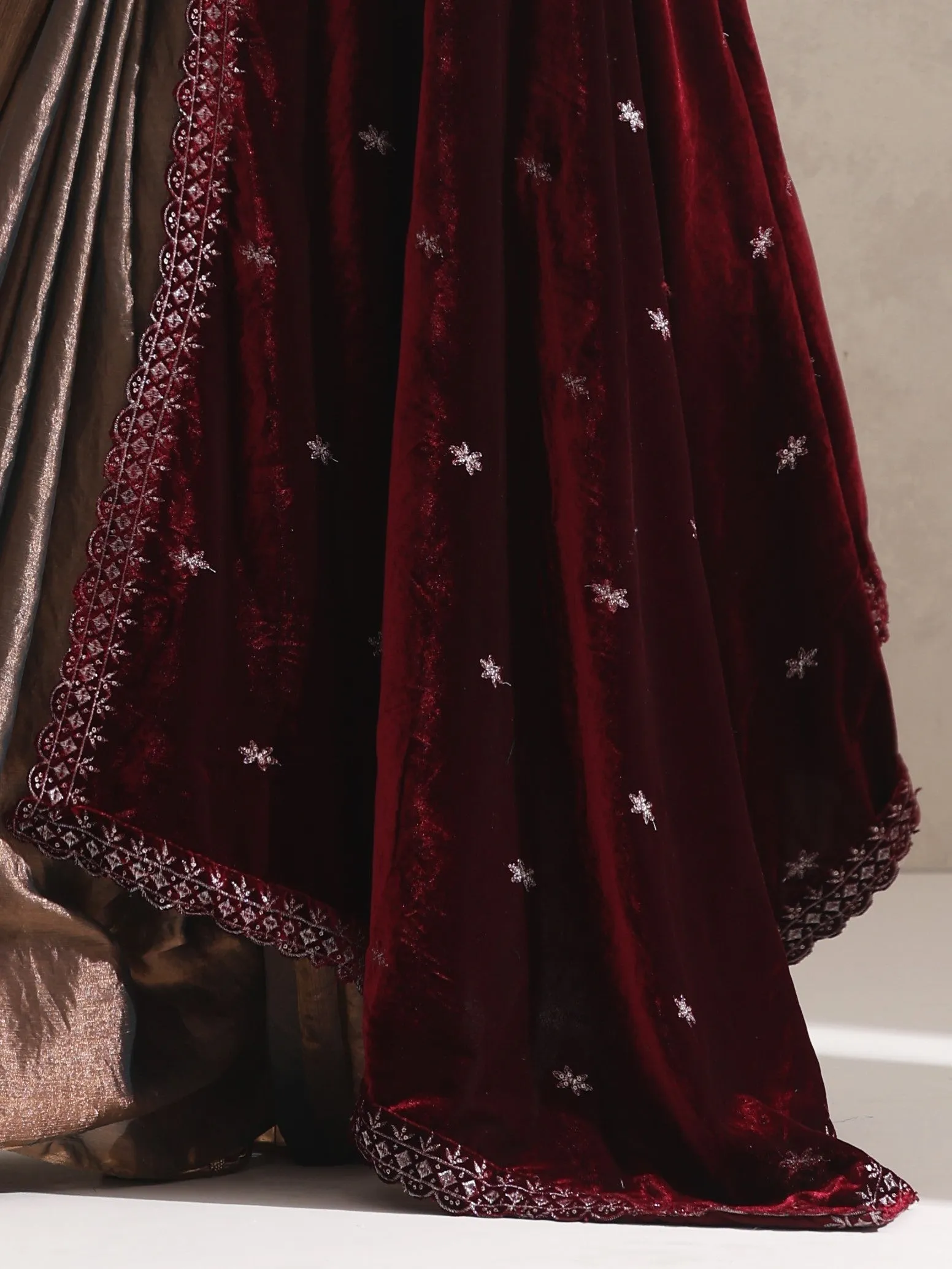 Maroon Velvet Shawl with Silver Embroidery