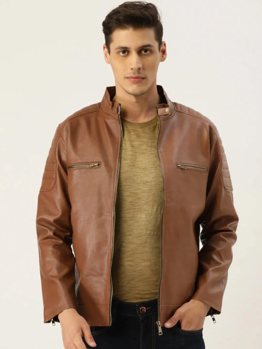 Men Leather Jacket Brown | QAWACH