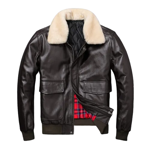 Mens Knox Flight Bomber Genuine Lambskin Leather Fur Collar Cotton Checked Lined Jacket