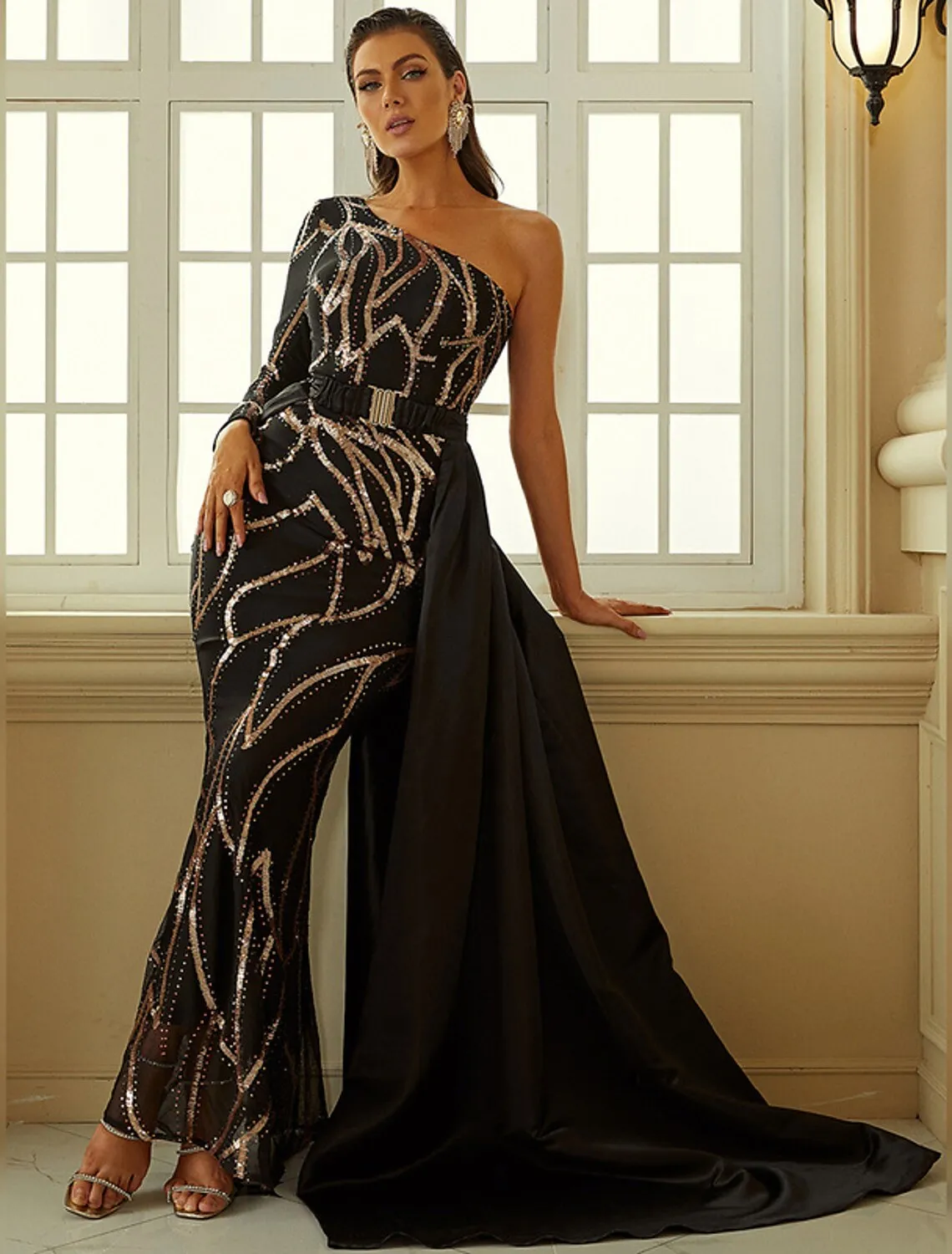 Mermaid / Trumpet Evening Gown Sexy Dress Formal Court Train Long Sleeve One Shoulder Polyester with Sequin