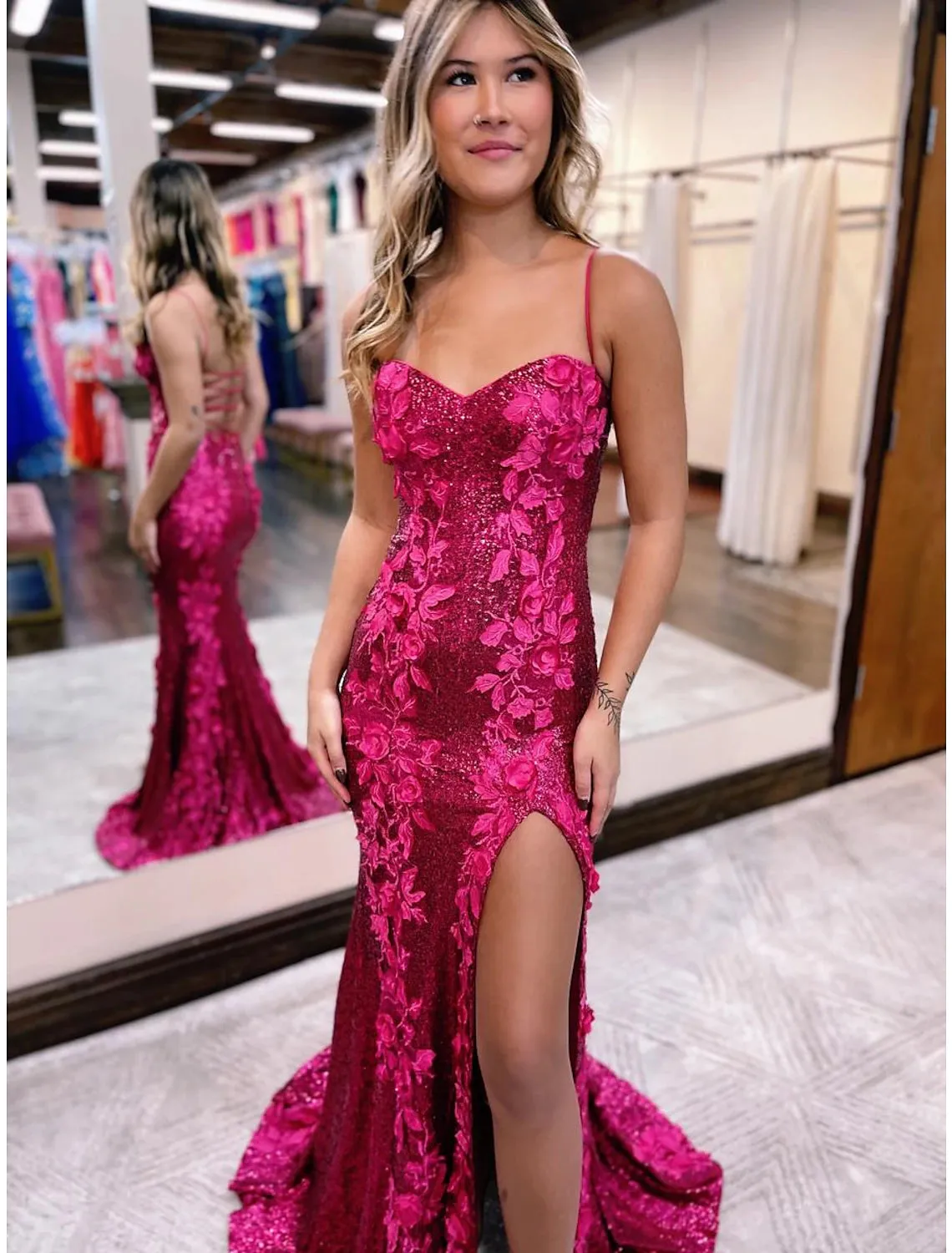 Mermaid / Trumpet Evening Gown Sparkle & Shine Dress Formal Prom Sweep / Brush Train Sleeveless Spaghetti Strap Sequined Backless with Sequin Appliques