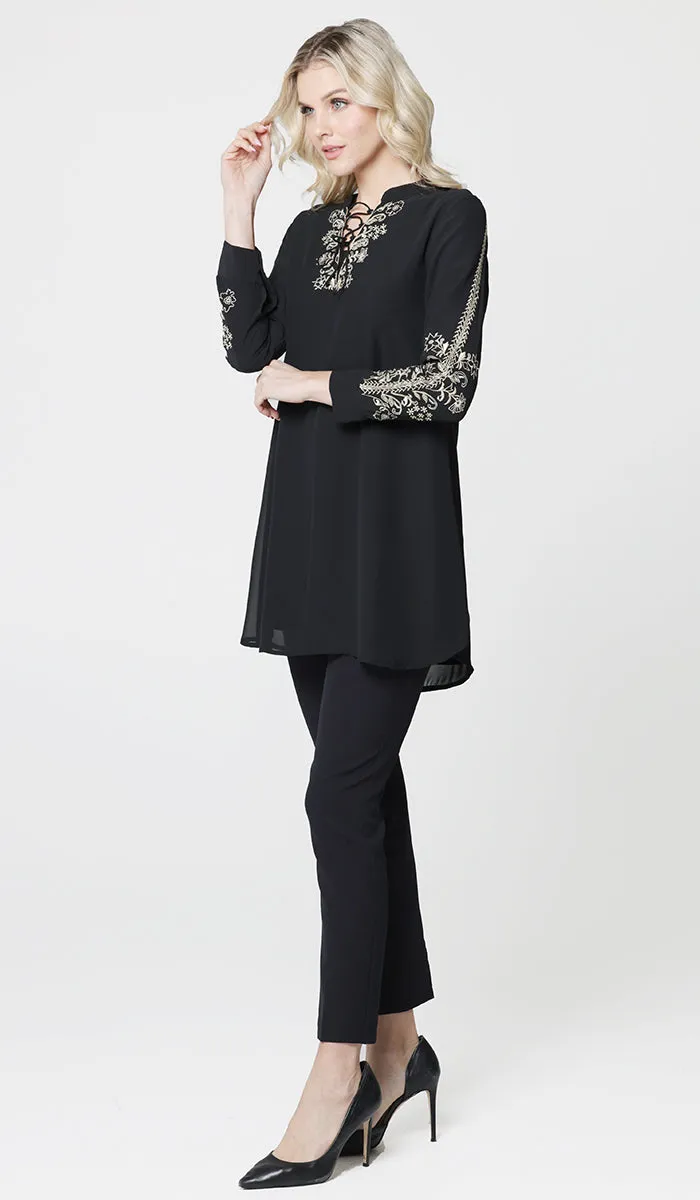 Nahid Embroidered Long Modest Tunic - Black