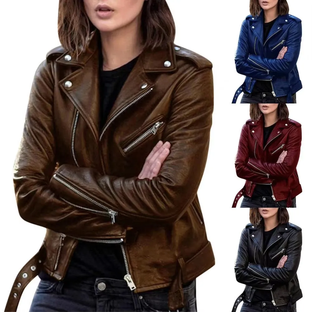 New Stylish Short Jacket Solid Female Moto Biker Jackets Thin Ladies Cool Faux Leather Jacket Leather Outwear