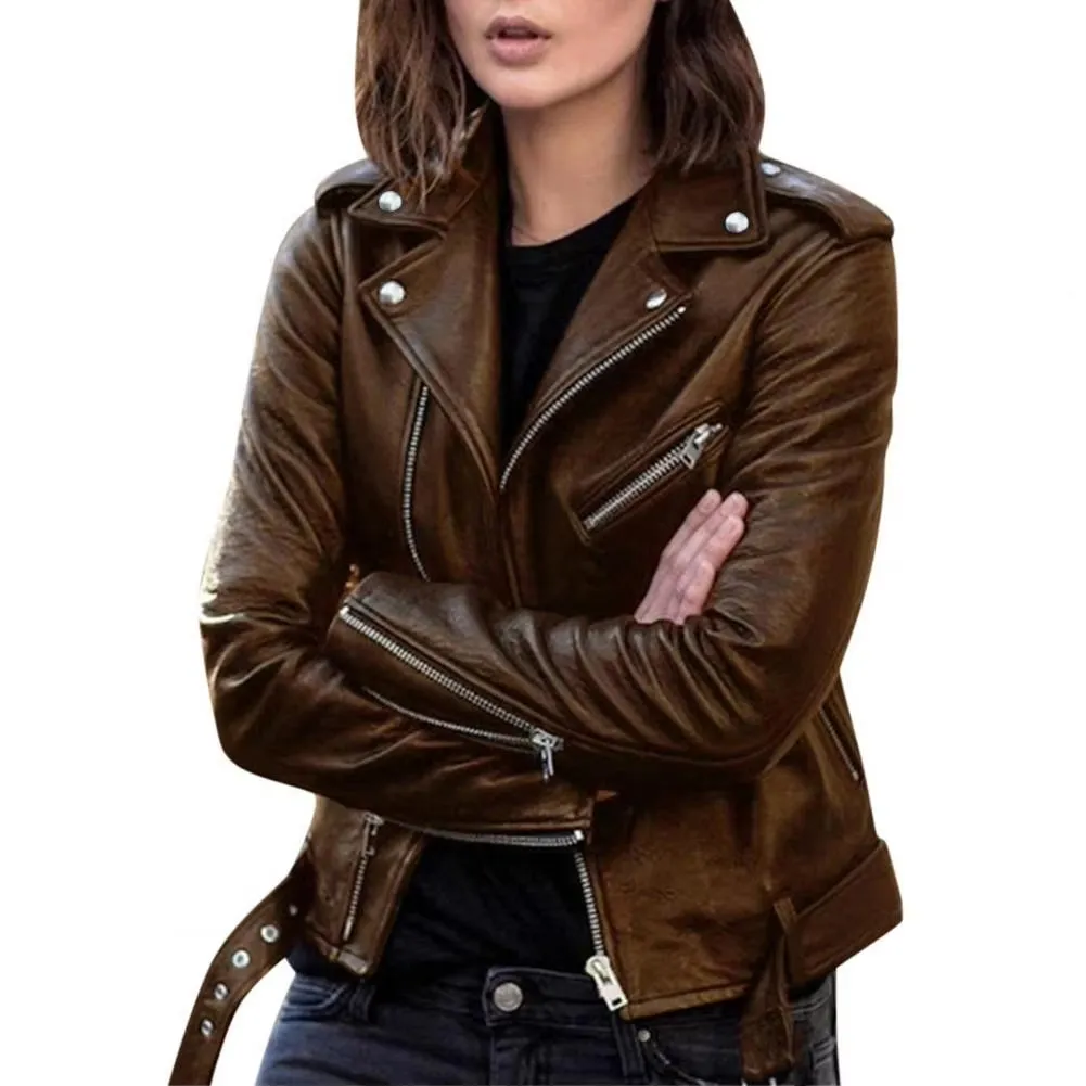 New Stylish Short Jacket Solid Female Moto Biker Jackets Thin Ladies Cool Faux Leather Jacket Leather Outwear