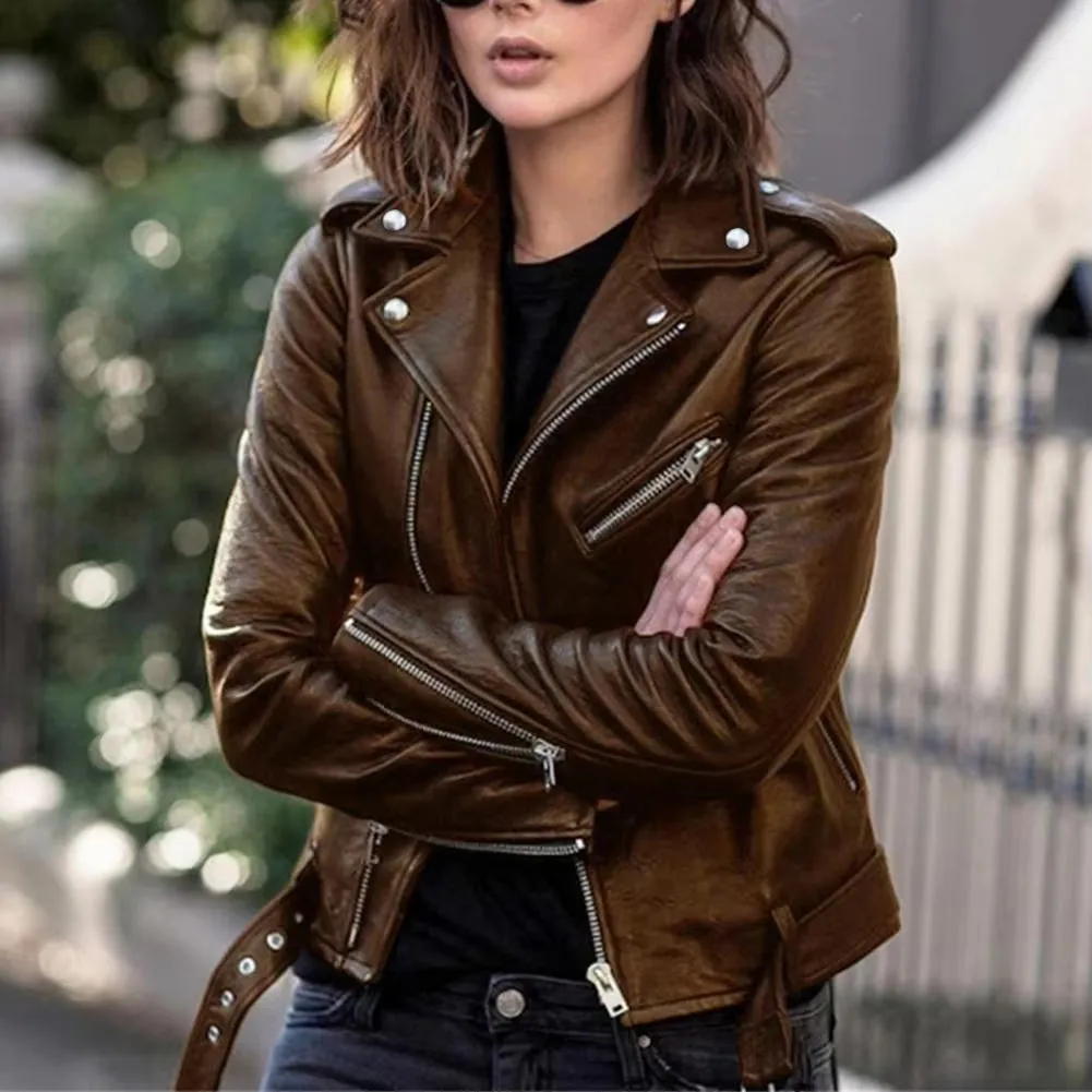 New Stylish Short Jacket Solid Female Moto Biker Jackets Thin Ladies Cool Faux Leather Jacket Leather Outwear