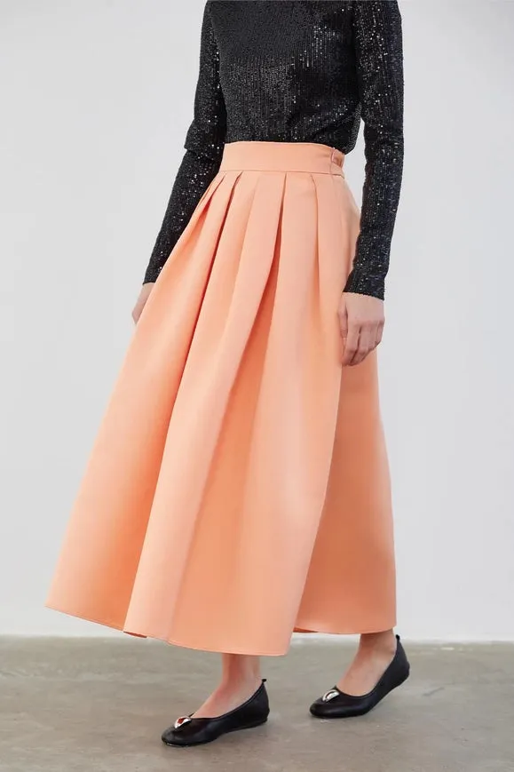 Ole Pleated High Waist Taffeta Skirt Peach