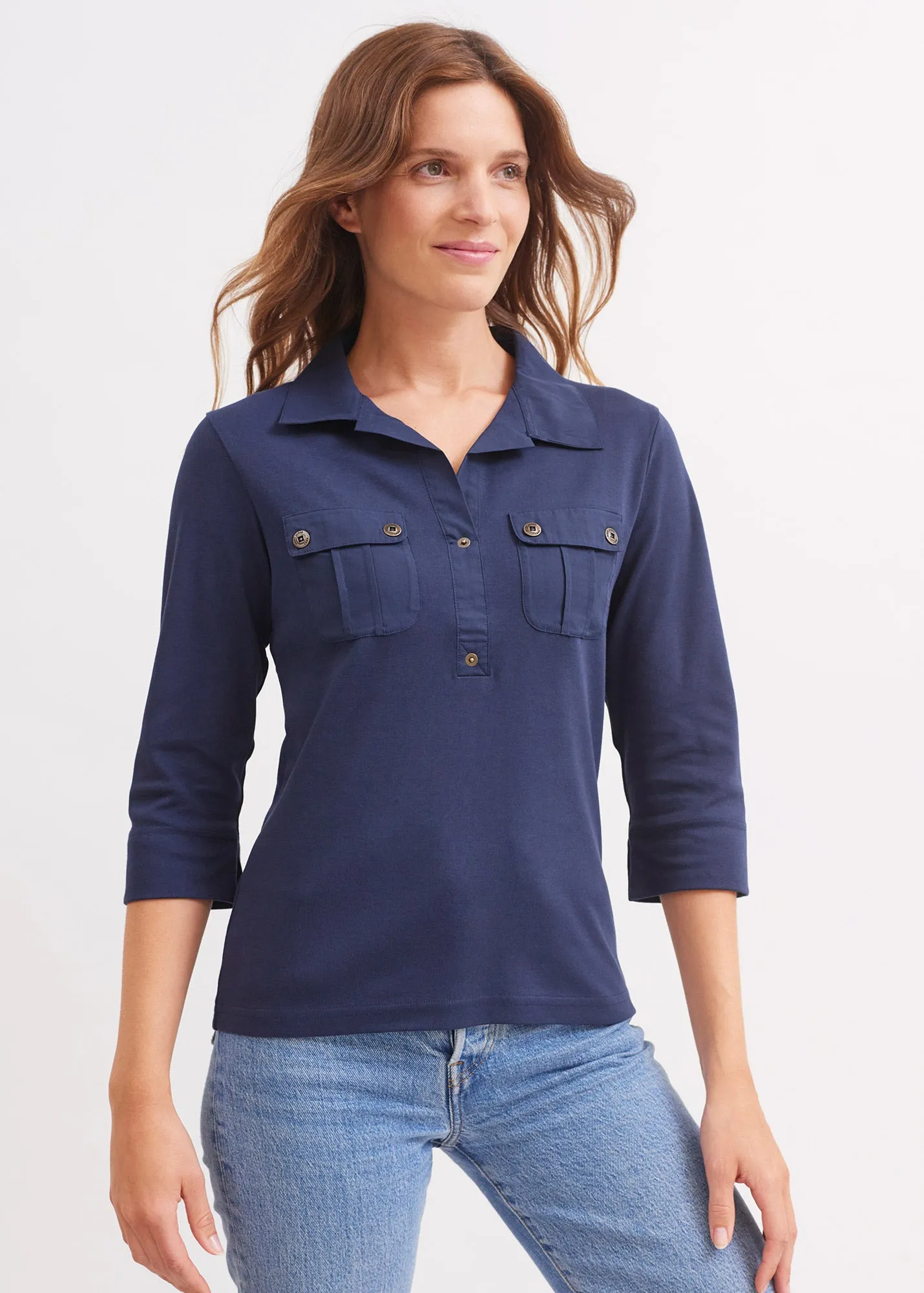 Oléron polo shirt - 3/4 length sleeves, in cotton (MARINE)