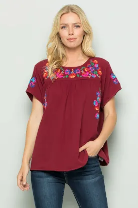 On the Border Embroidered Top, Burgundy