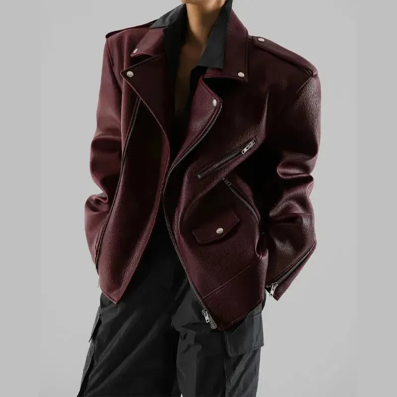 Oversized Jessy Burgundy double Zipper Long Sleeved Coat Biker Jacket