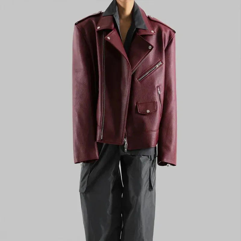 Oversized Jessy Burgundy double Zipper Long Sleeved Coat Biker Jacket