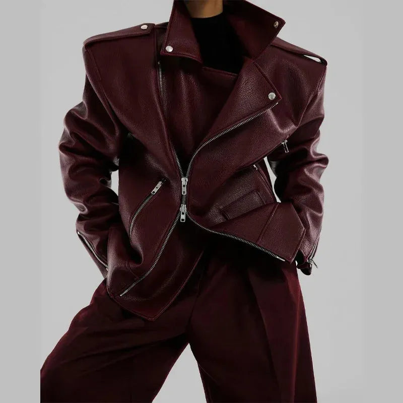 Oversized Jessy Burgundy double Zipper Long Sleeved Coat Biker Jacket