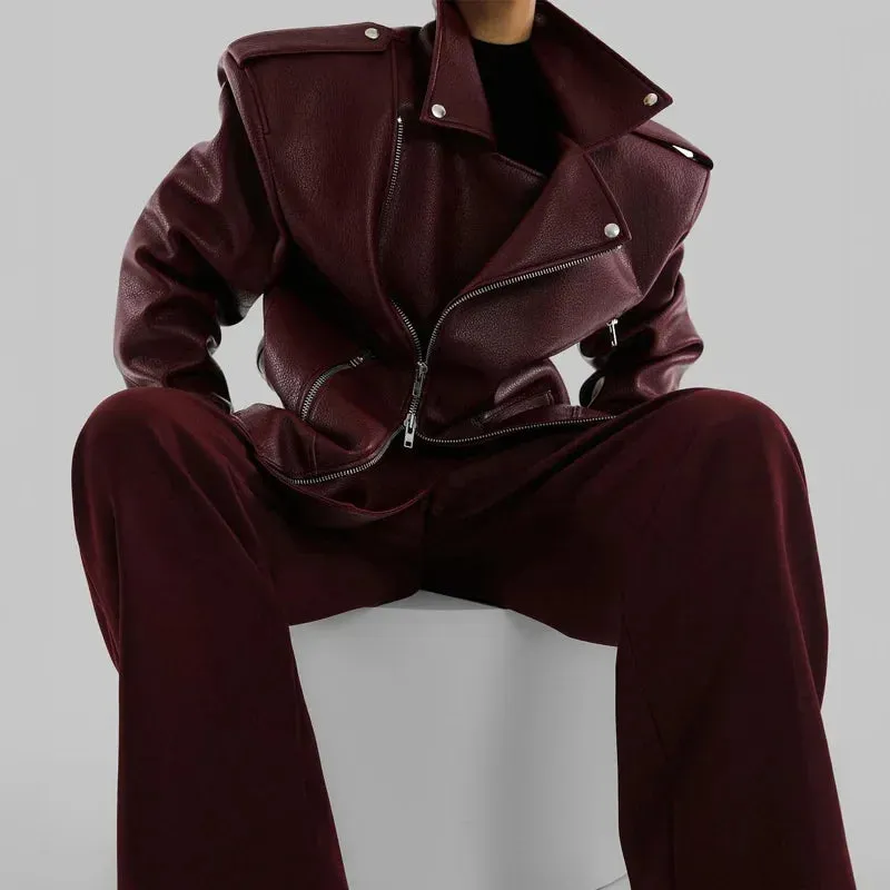 Oversized Jessy Burgundy double Zipper Long Sleeved Coat Biker Jacket