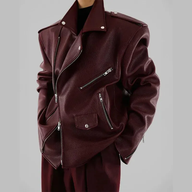 Oversized Jessy Burgundy double Zipper Long Sleeved Coat Biker Jacket