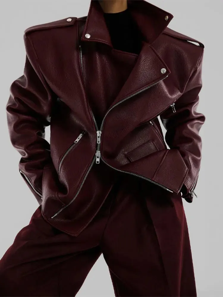 Oversized Jessy Burgundy double Zipper Long Sleeved Coat Biker Jacket