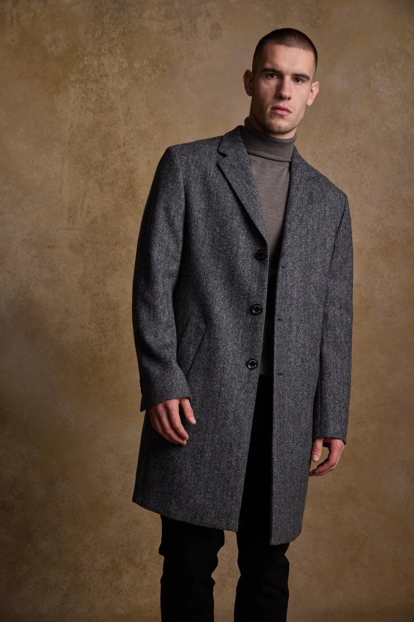 Owen Tweed Coat - Charcoal Wide Herringbone