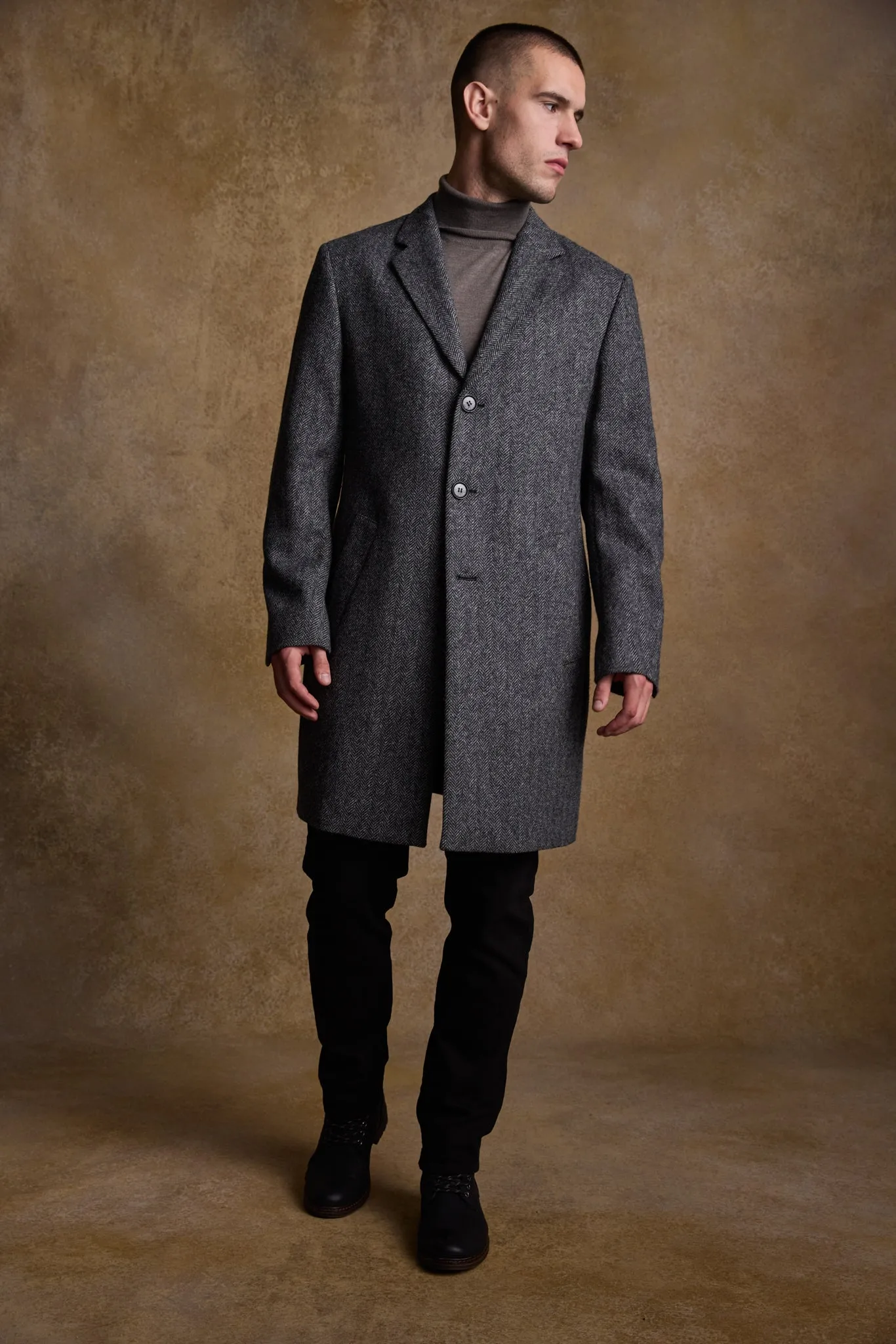 Owen Tweed Coat - Charcoal Wide Herringbone