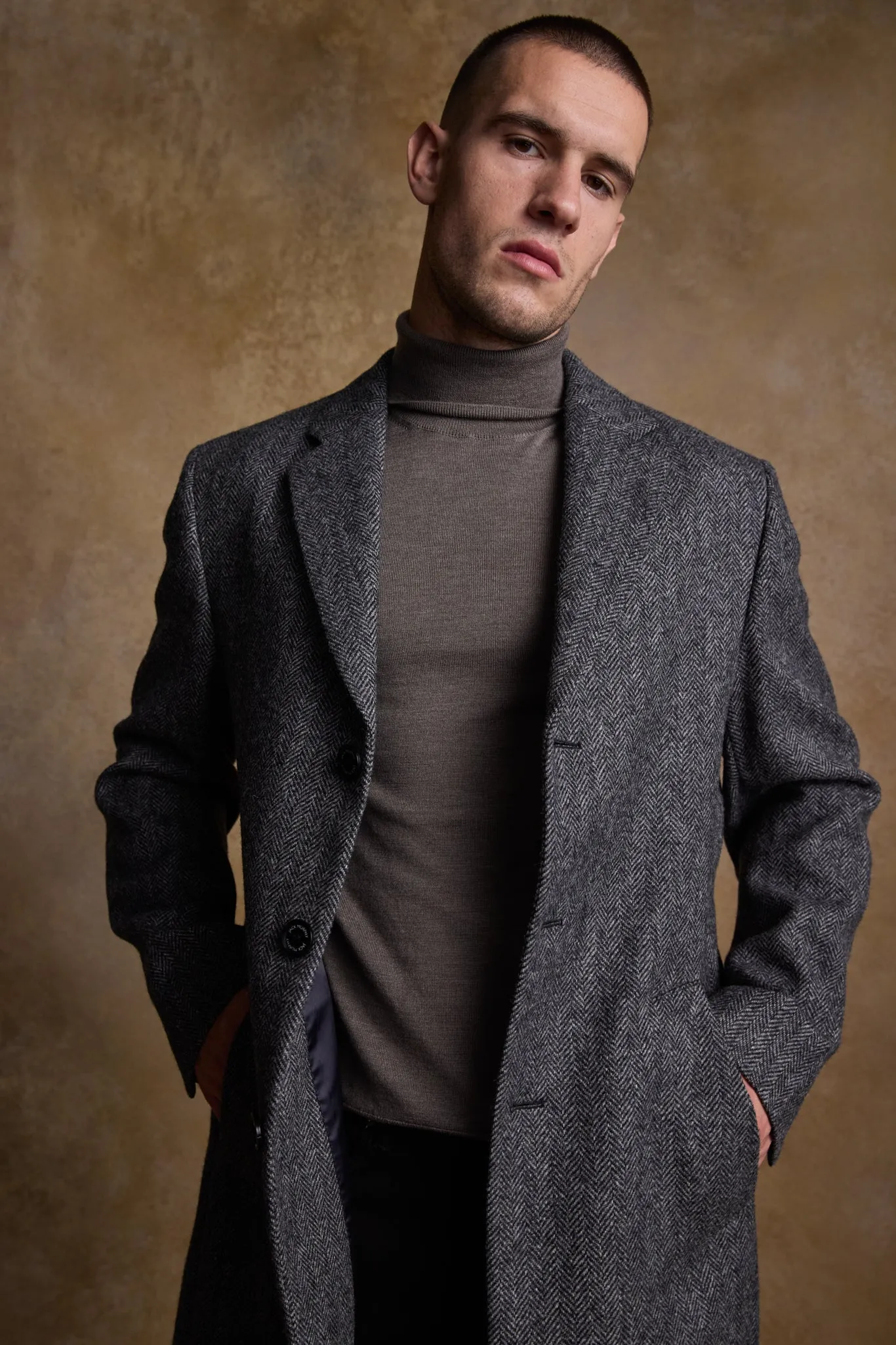 Owen Tweed Coat - Charcoal Wide Herringbone