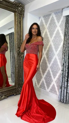 Red Sequin Top Bardot Formal Gown