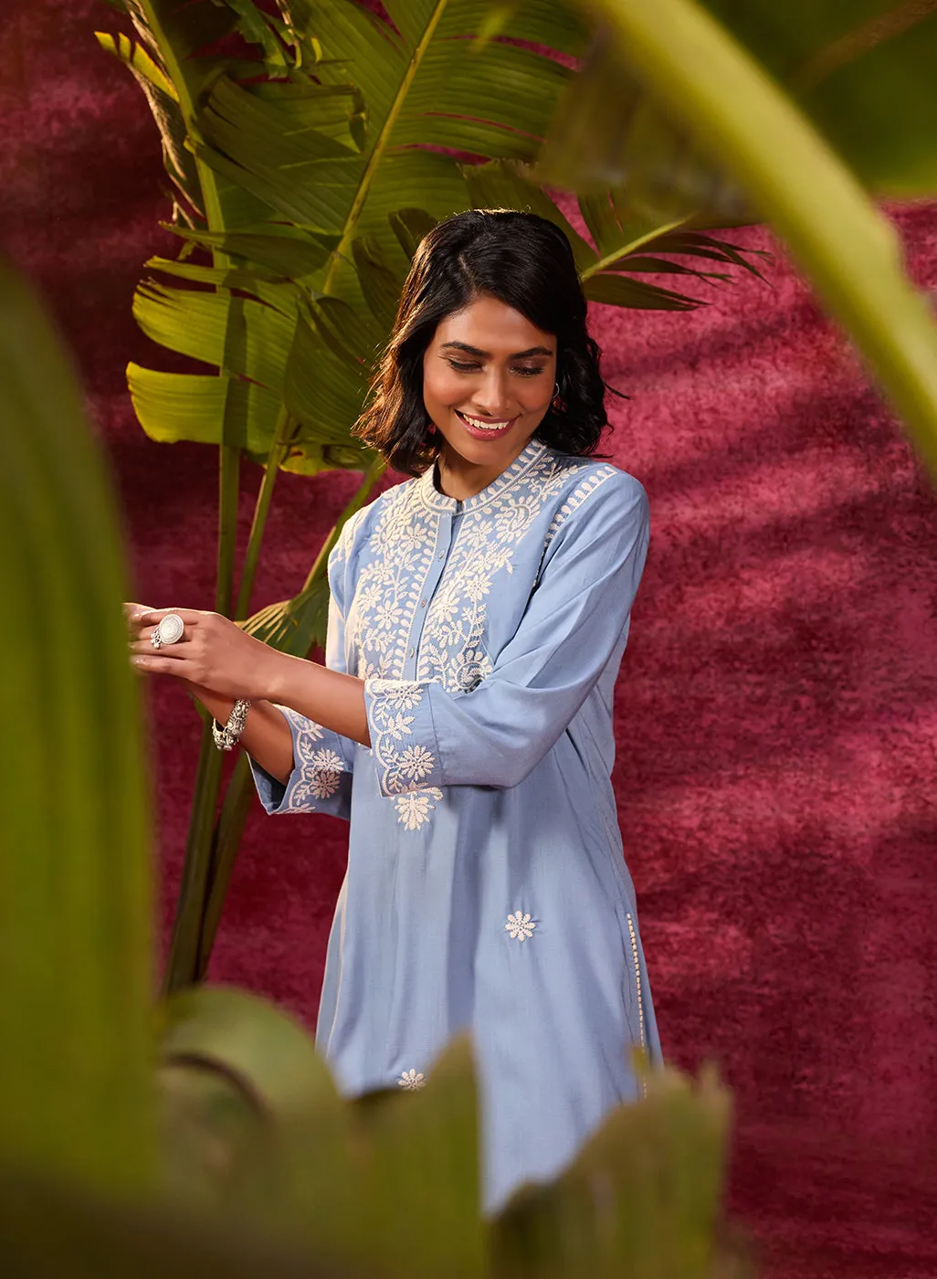 Saadgi Windy Blue Embroidered Cotton Linen Tunic for Women