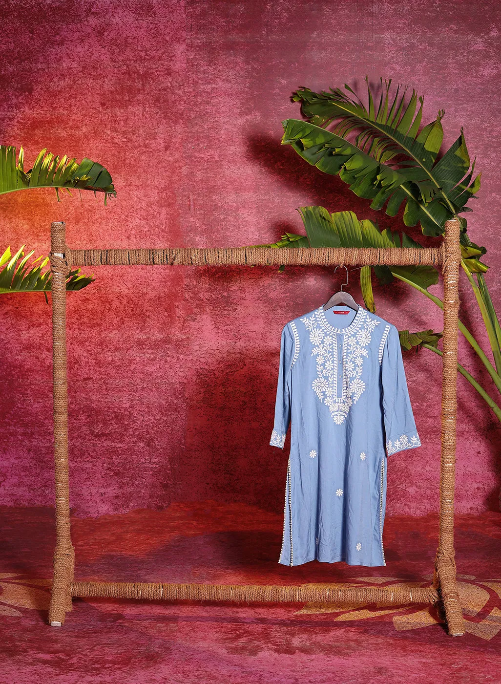 Saadgi Windy Blue Embroidered Cotton Linen Tunic for Women