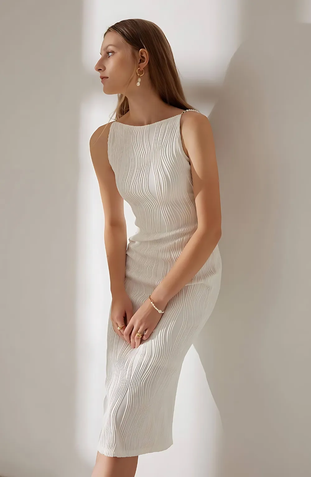 Scarlett | Ripple Textured Dress - White