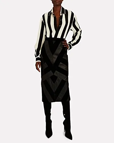 Sergio Hudson, Stripe Silk Button Up Blouse, S, Onyx & Ivory