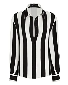 Sergio Hudson, Stripe Silk Button Up Blouse, S, Onyx & Ivory