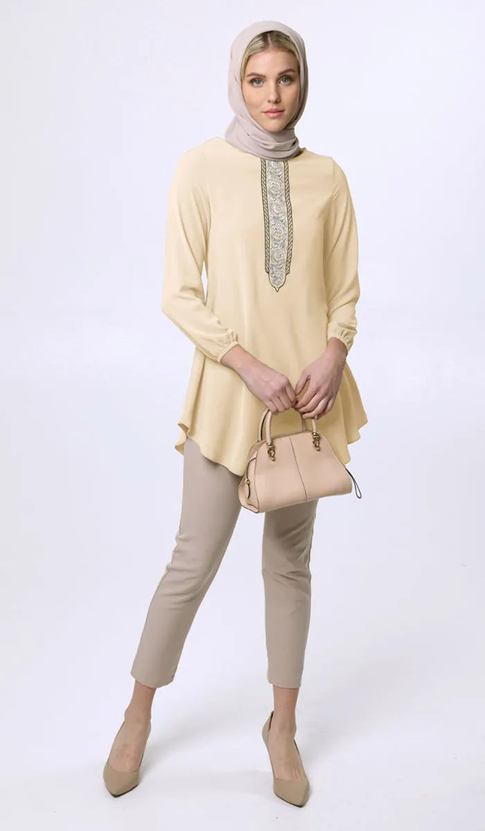 Suroor Embroidered Long Modest Tunic - Custard