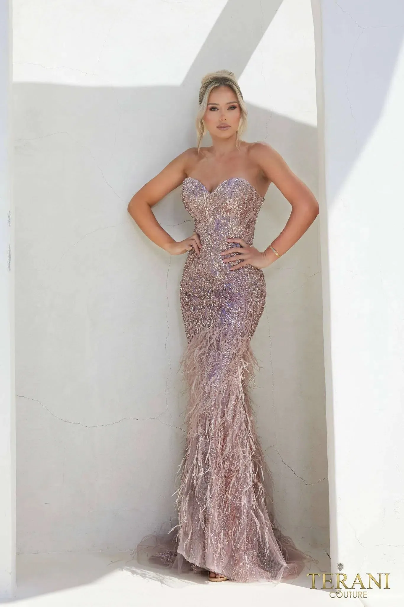 Terani - 241P2218: Alluring Feather-Adorned Bodycon Evening Gown