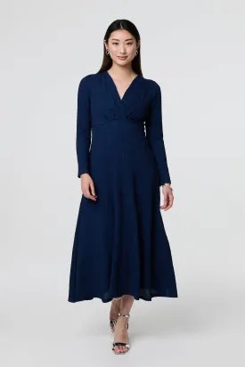 Textured Ruched Long Sleeve Midi Dress