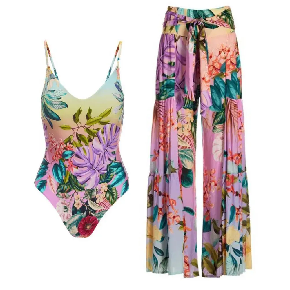 Tropical Sunrise One Piece Swimsuit Matching Pants