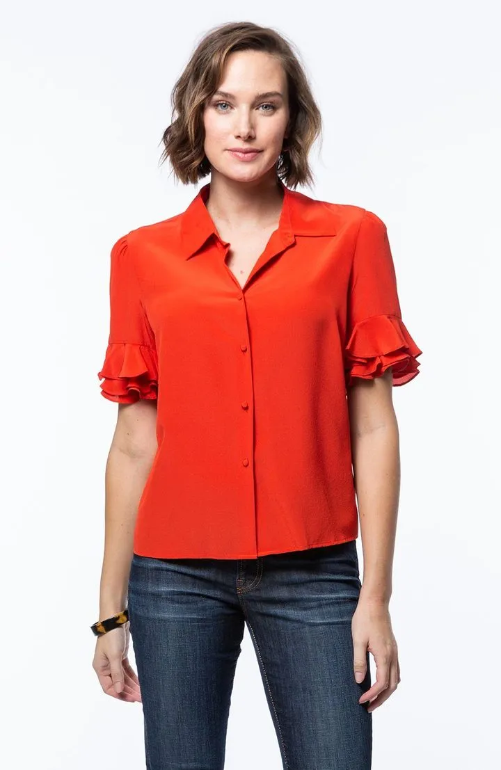 Tyler Boe Silk Gina Ruffle Sleeve Blouse Lava Red