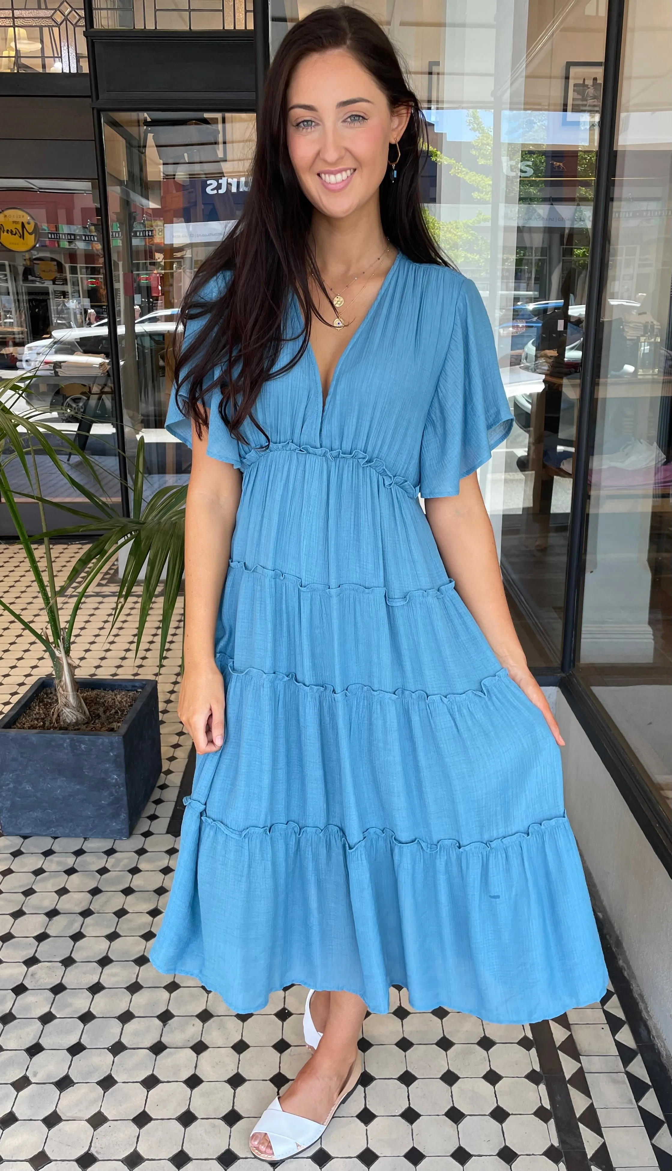 Val Textured Tiered Midi Dress Blue Aqua