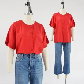 Vintage 90s Red Silk Blouse Classic Minimalist Short Sleeve Button Down Shirt M