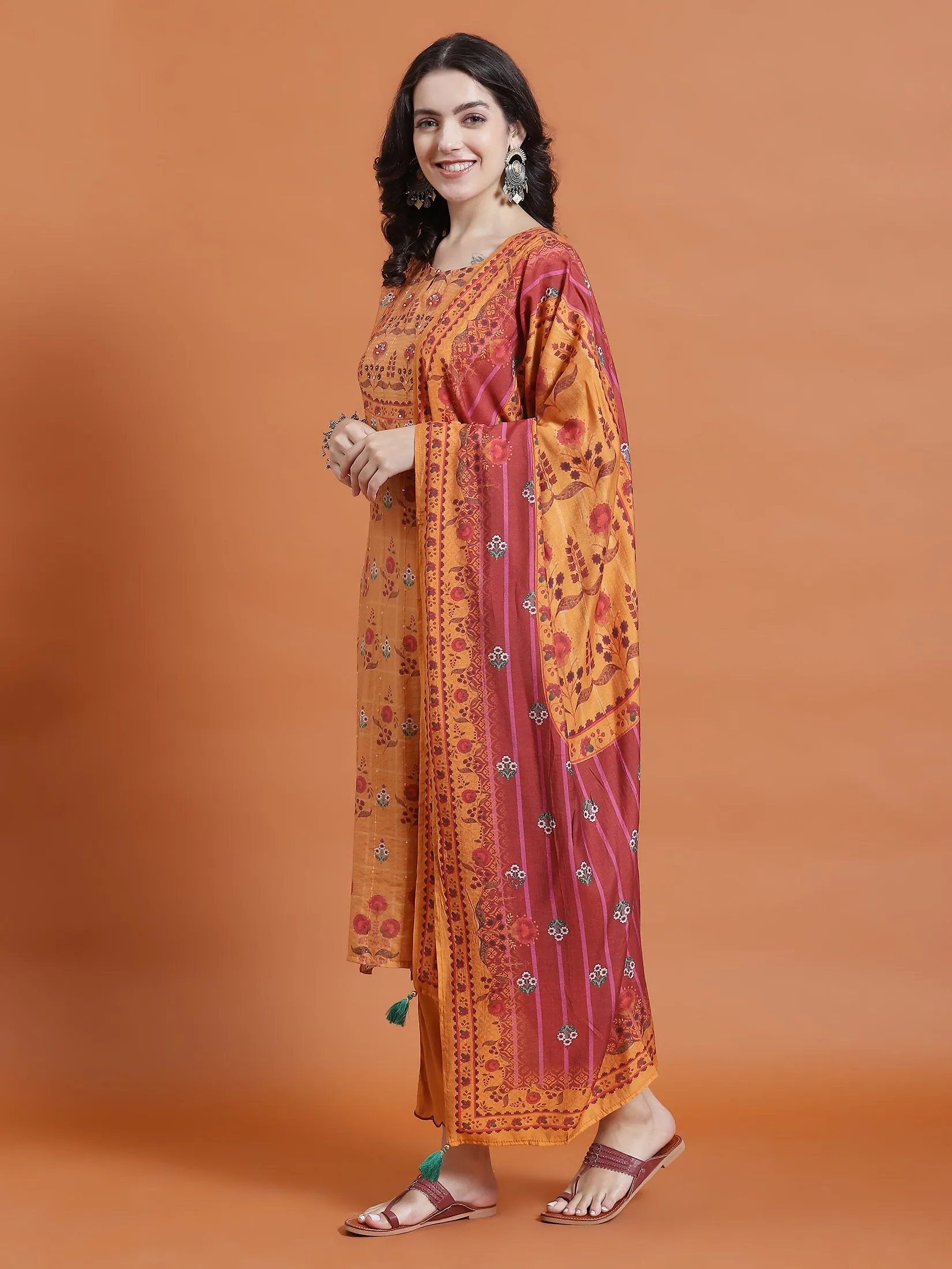 Women Mustard Floral Print Kurta Trouser Dupatta